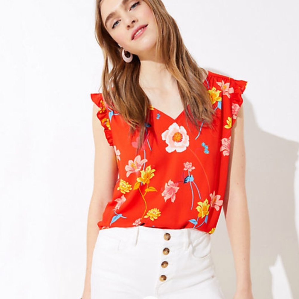 Lily Bar Back Flutter Shell - LOFT - Size Small - "Spring Poppy" - NWT [New]